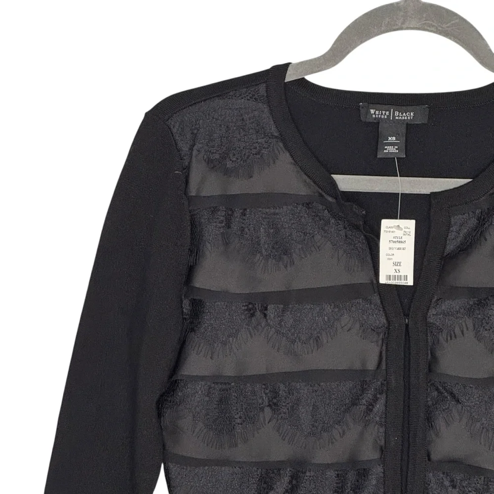 NWTS WHBM Size XS Black Long Sleeve Lace Cardi Jacket w Hook/Eye Closures